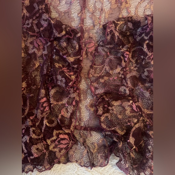 Bebe Y2K Women's Floral Sheer Lace Ruffled Blouse w/ Gold, Wine & Deep Pink Hues - Picture 5 of 16